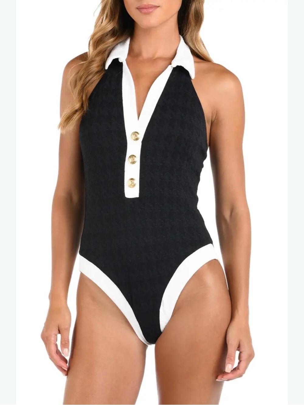 L'AGENCE Women Black/White Textured Natalya Collared One Piece Swimsuit Medium
